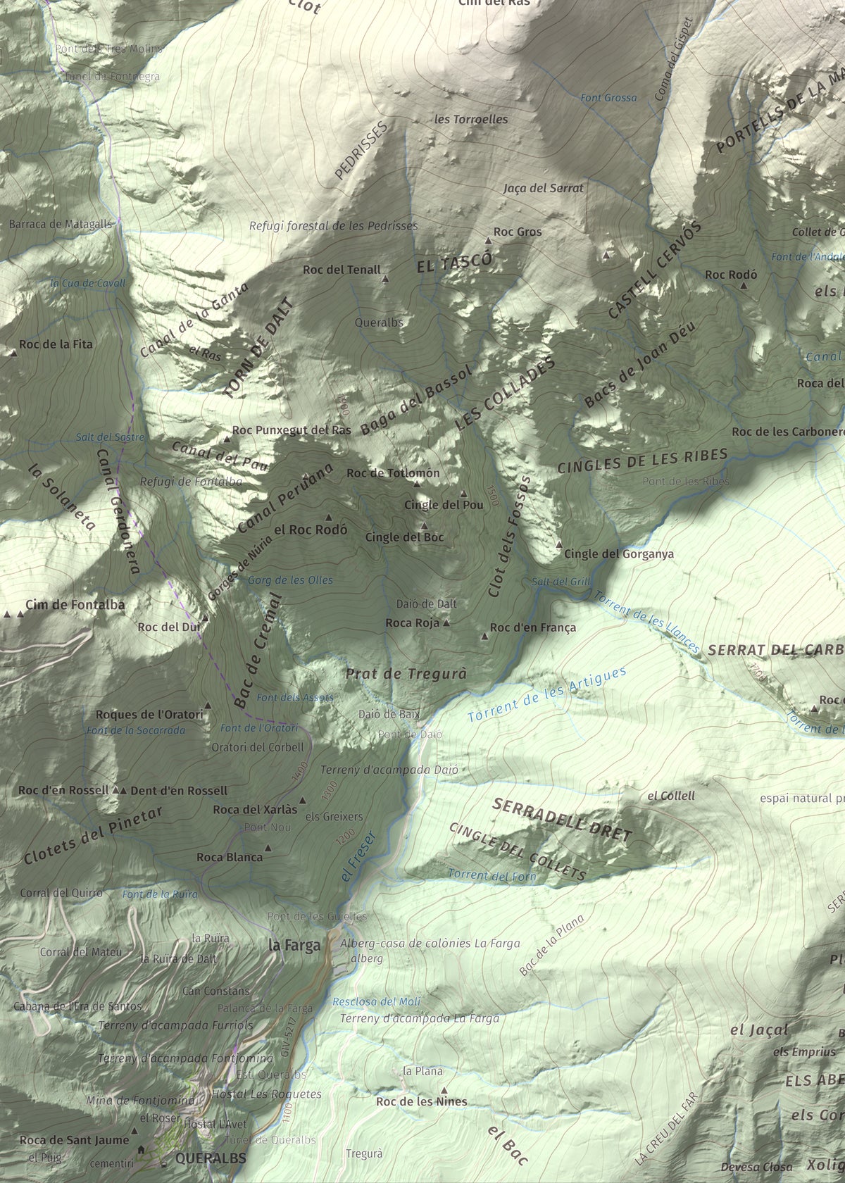 Mapa de relieve de Torreneules, 2713 m, Ripollès, lámina 100 Cims de Trobart. Detalle de la zona inferior izquierda. 50 × 70 cm.
