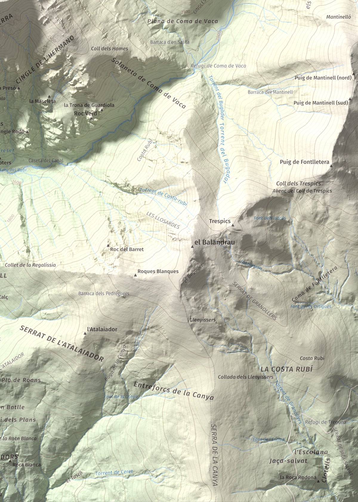 Mapa de relieve de Torreneules, 2713 m, Ripollès, lámina 100 Cims de Trobart. Detalle de la zona inferior derecha. 50 × 70 cm.