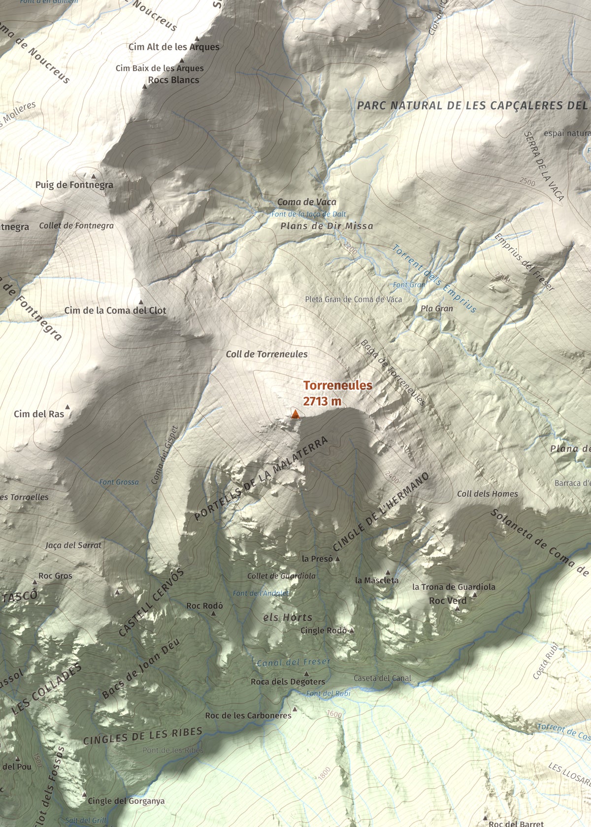Mapa de relieve de Torreneules, 2713 m, Ripollès, lámina 100 Cims de Trobart. Detalle de la zona central. 50 × 70 cm.