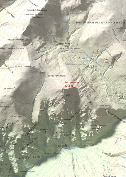 Mapa de relieve de Torreneules, 2713 m, Ripollès, lámina 100 Cims de Trobart. Detalle de la zona central. 50 × 70 cm.