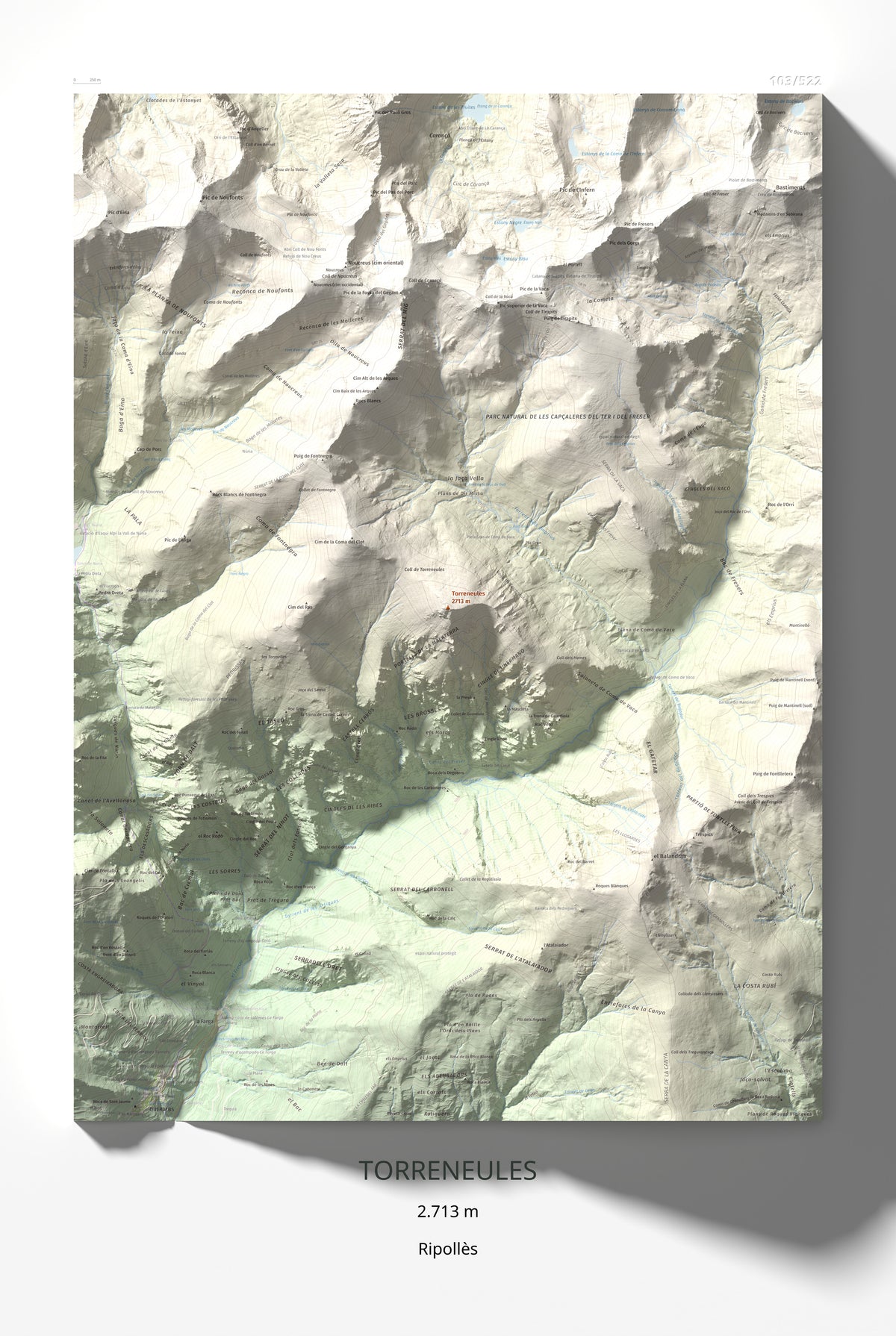 Mapa de relieve de Torreneules, 2713 m, Ripollès, lámina 100 Cims de Trobart 61 × 91 cm.