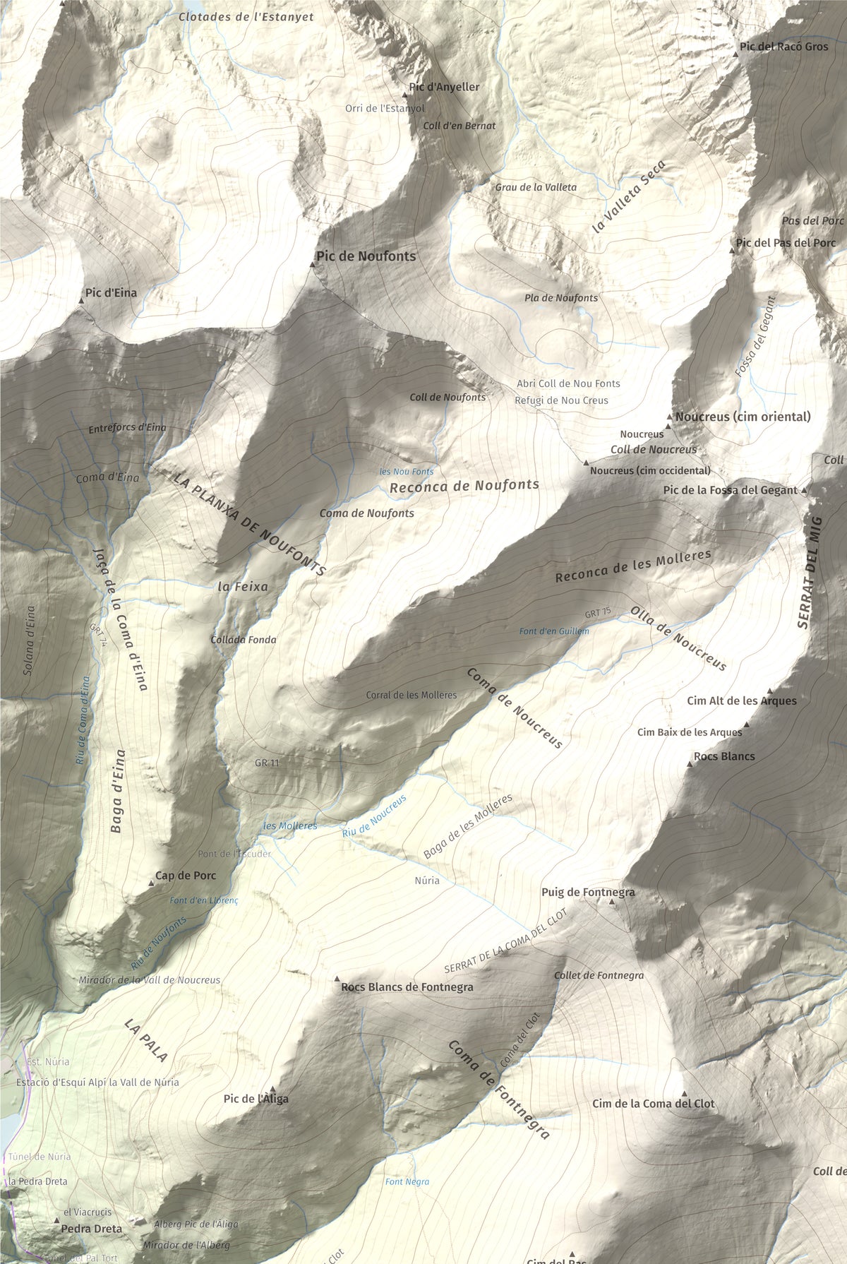 Mapa de relieve de Torreneules, 2713 m, Ripollès, lámina 100 Cims de Trobart. Detalle de la zona superior izquierda. 61 × 91 cm.