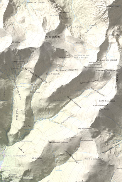 Mapa de relieve de Torreneules, 2713 m, Ripollès, lámina 100 Cims de Trobart. Detalle de la zona superior izquierda. 61 × 91 cm.