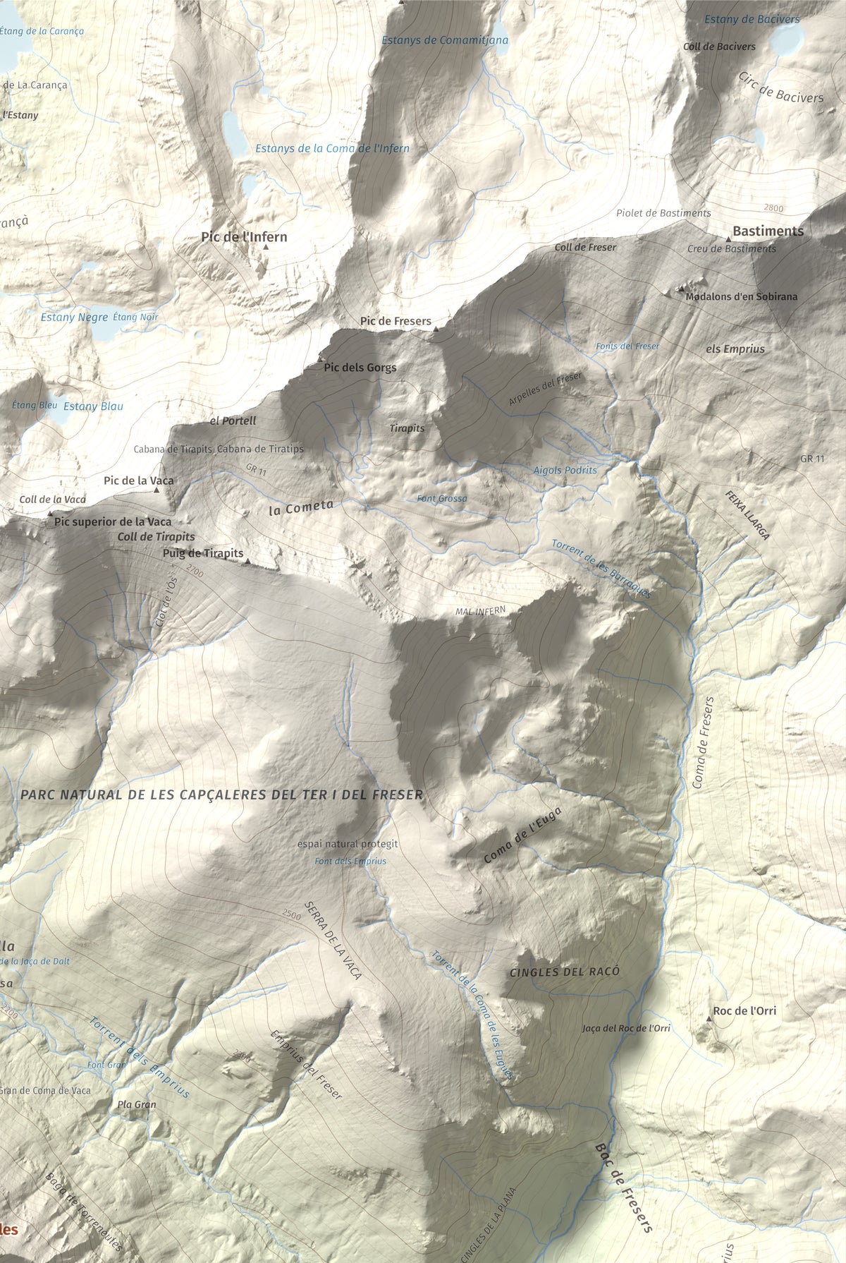 Mapa de relieve de Torreneules, 2713 m, Ripollès, lámina 100 Cims de Trobart. Detalle de la zona superior derecha. 61 × 91 cm.