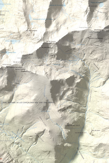 Mapa de relieve de Torreneules, 2713 m, Ripollès, lámina 100 Cims de Trobart. Detalle de la zona superior derecha. 61 × 91 cm.