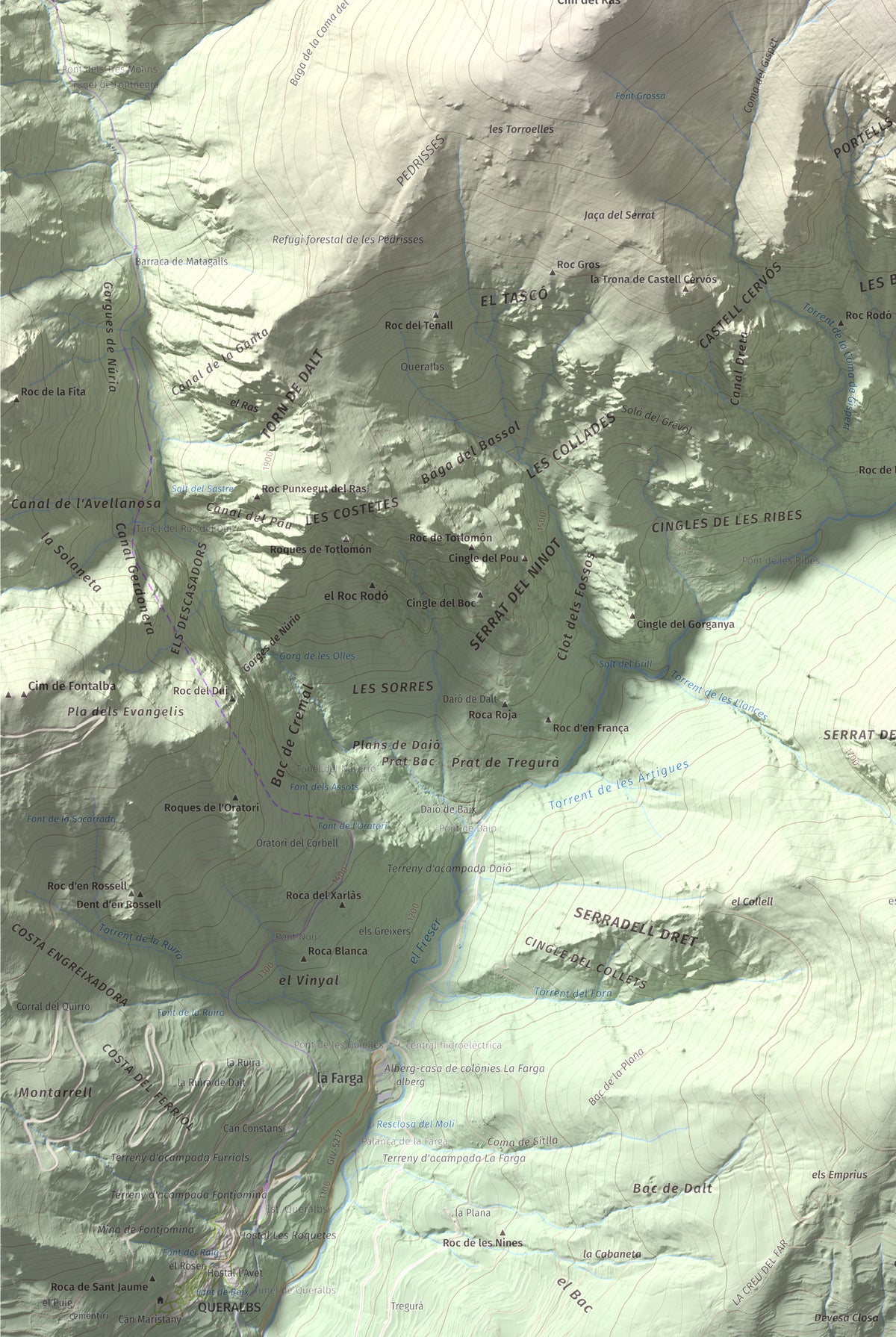 Mapa de relieve de Torreneules, 2713 m, Ripollès, lámina 100 Cims de Trobart. Detalle de la zona inferior izquierda. 61 × 91 cm.