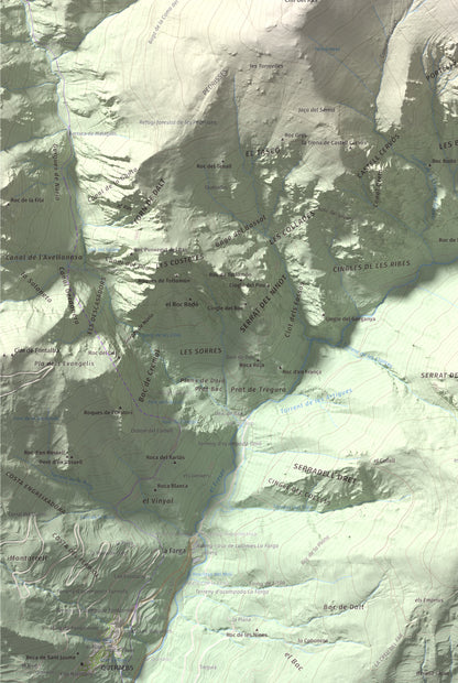 Mapa de relieve de Torreneules, 2713 m, Ripollès, lámina 100 Cims de Trobart. Detalle de la zona inferior izquierda. 61 × 91 cm.