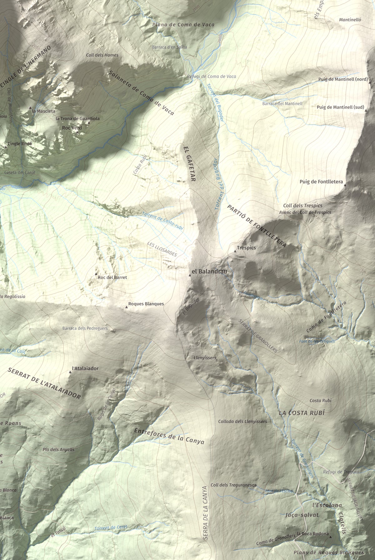 Mapa de relieve de Torreneules, 2713 m, Ripollès, lámina 100 Cims de Trobart. Detalle de la zona inferior derecha. 61 × 91 cm.
