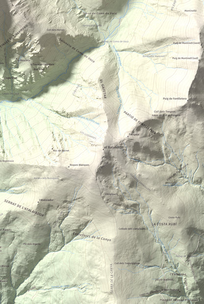 Mapa de relieve de Torreneules, 2713 m, Ripollès, lámina 100 Cims de Trobart. Detalle de la zona inferior derecha. 61 × 91 cm.