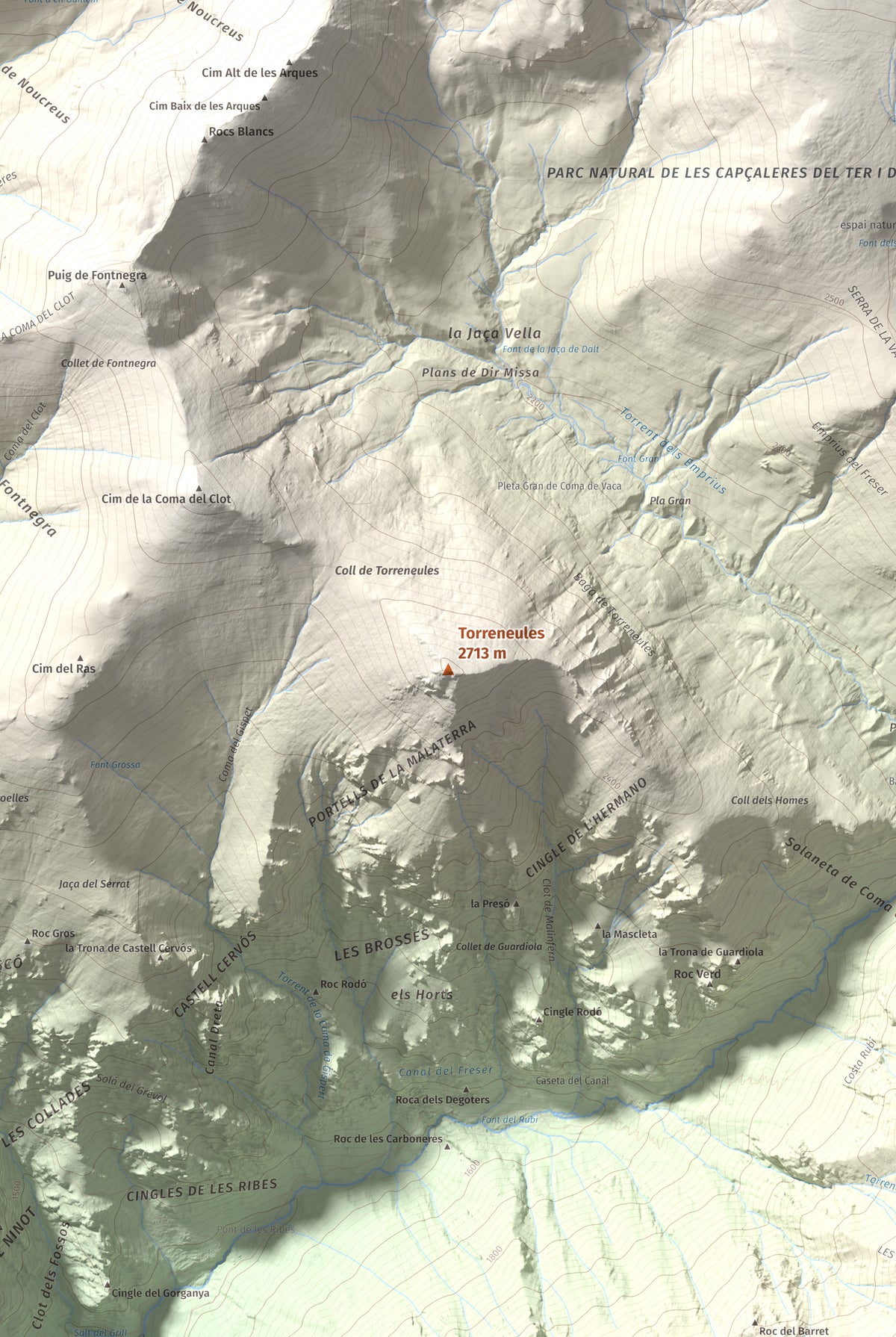 Mapa de relieve de Torreneules, 2713 m, Ripollès, lámina 100 Cims de Trobart. Detalle de la zona central. 61 × 91 cm.