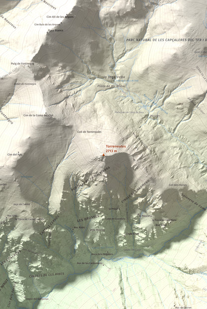 Mapa de relieve de Torreneules, 2713 m, Ripollès, lámina 100 Cims de Trobart. Detalle de la zona central. 61 × 91 cm.