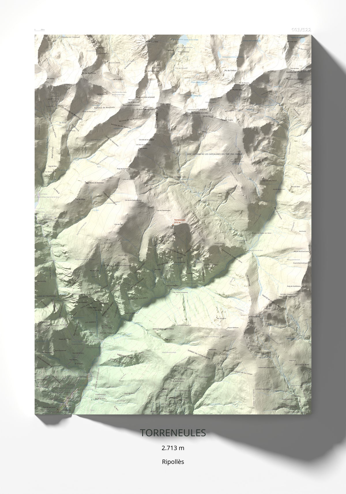 Mapa de relieve de Torreneules, 2713 m, Ripollès, lámina 100 Cims de Trobart 70 × 100 cm.