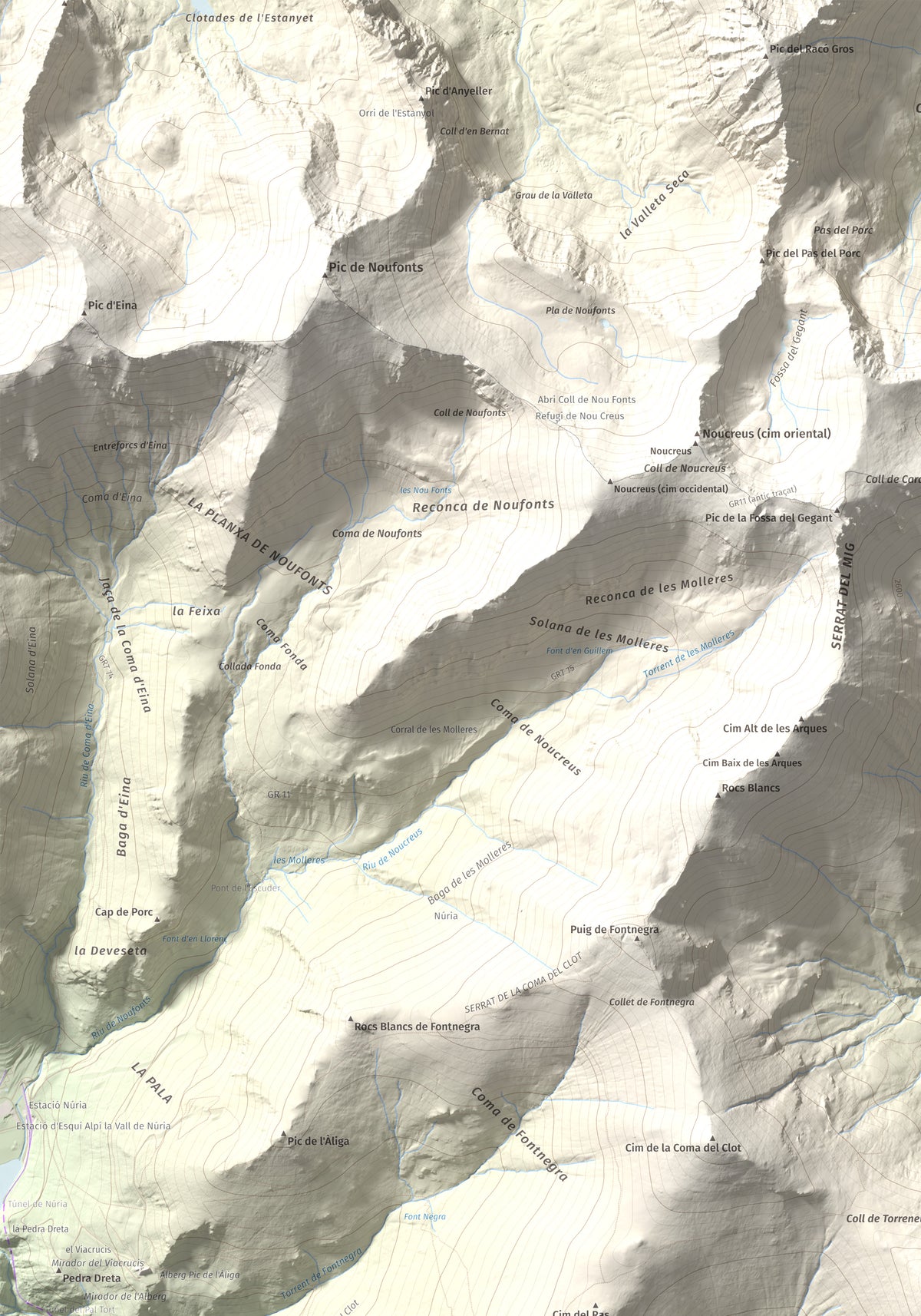 Mapa de relieve de Torreneules, 2713 m, Ripollès, lámina 100 Cims de Trobart. Detalle de la zona superior izquierda. 70 × 100 cm.