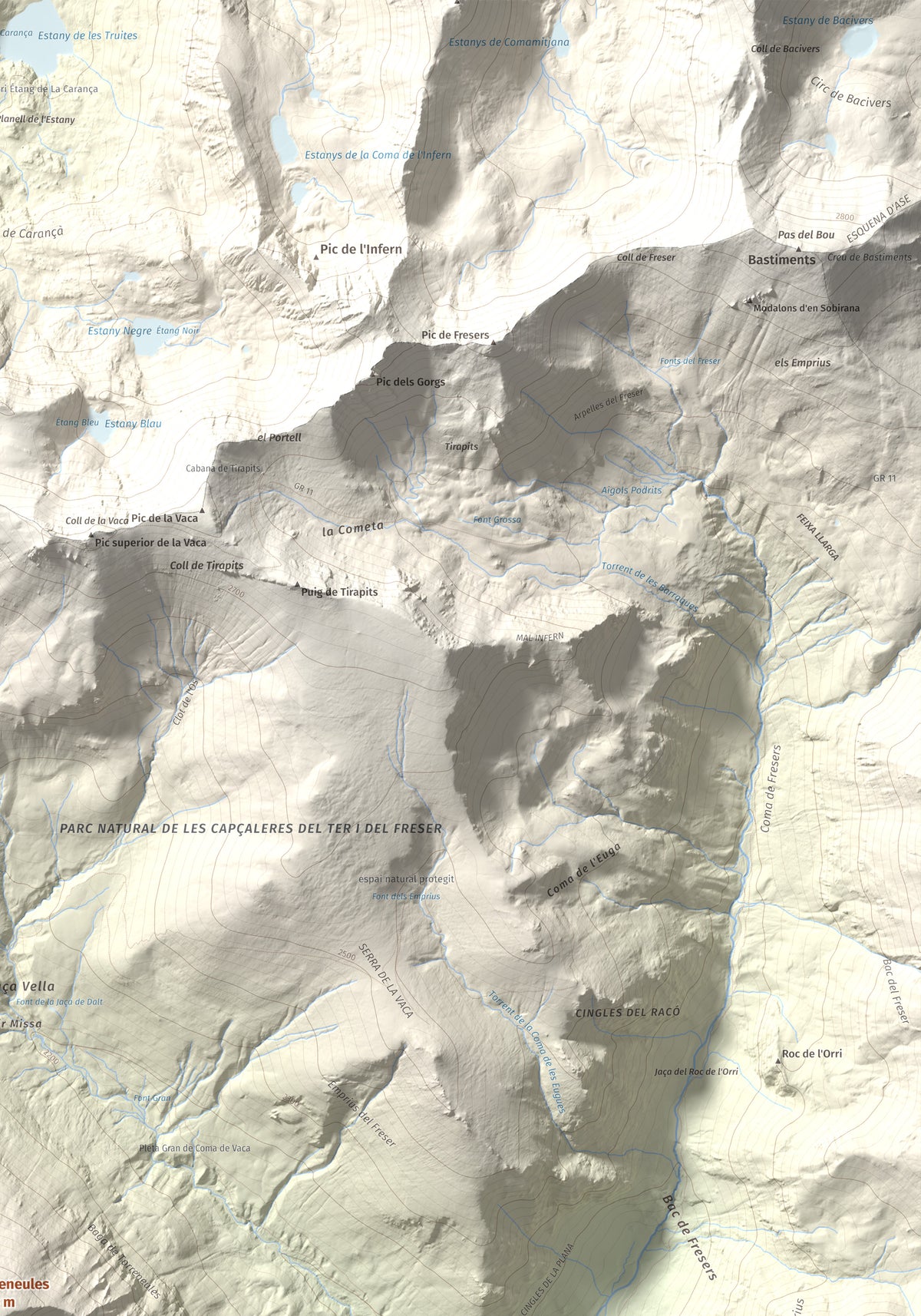 Mapa de relieve de Torreneules, 2713 m, Ripollès, lámina 100 Cims de Trobart. Detalle de la zona superior derecha. 70 × 100 cm.