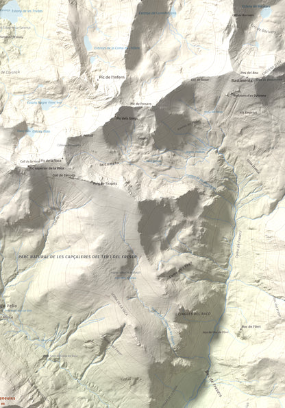 Mapa de relieve de Torreneules, 2713 m, Ripollès, lámina 100 Cims de Trobart. Detalle de la zona superior derecha. 70 × 100 cm.