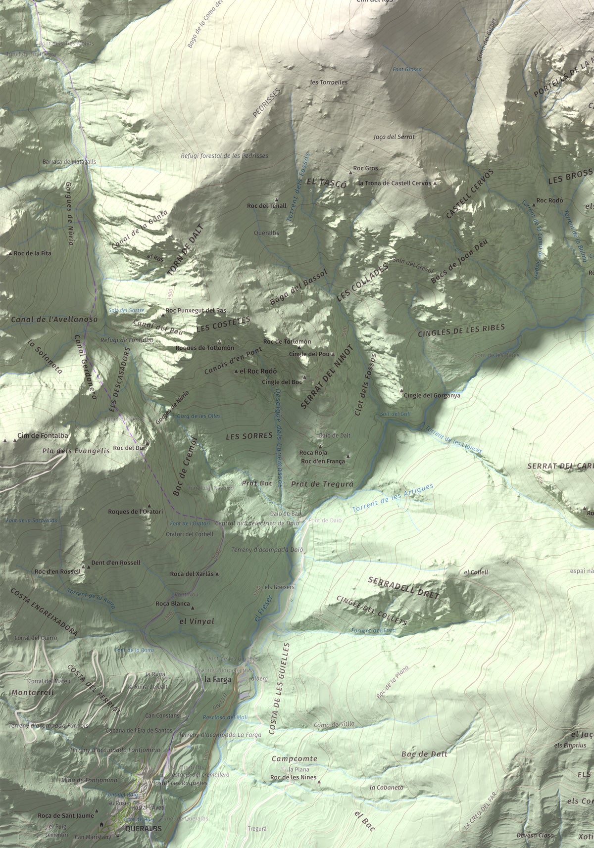 Mapa de relieve de Torreneules, 2713 m, Ripollès, lámina 100 Cims de Trobart. Detalle de la zona inferior izquierda. 70 × 100 cm.