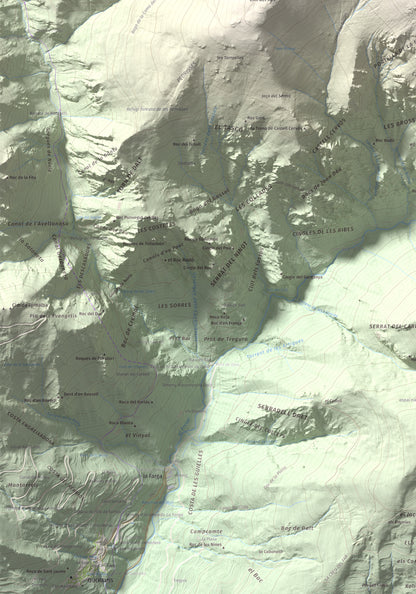 Mapa de relieve de Torreneules, 2713 m, Ripollès, lámina 100 Cims de Trobart. Detalle de la zona inferior izquierda. 70 × 100 cm.