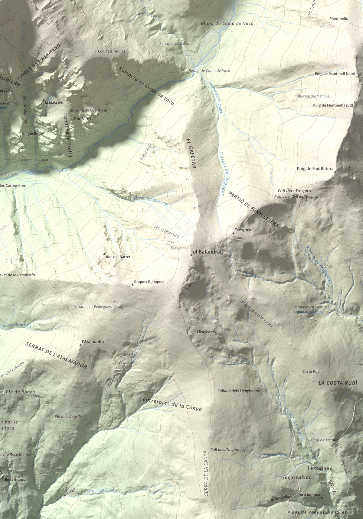 Mapa de relieve de Torreneules, 2713 m, Ripollès, lámina 100 Cims de Trobart. Detalle de la zona inferior derecha. 70 × 100 cm.