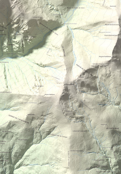 Mapa de relieve de Torreneules, 2713 m, Ripollès, lámina 100 Cims de Trobart. Detalle de la zona inferior derecha. 70 × 100 cm.