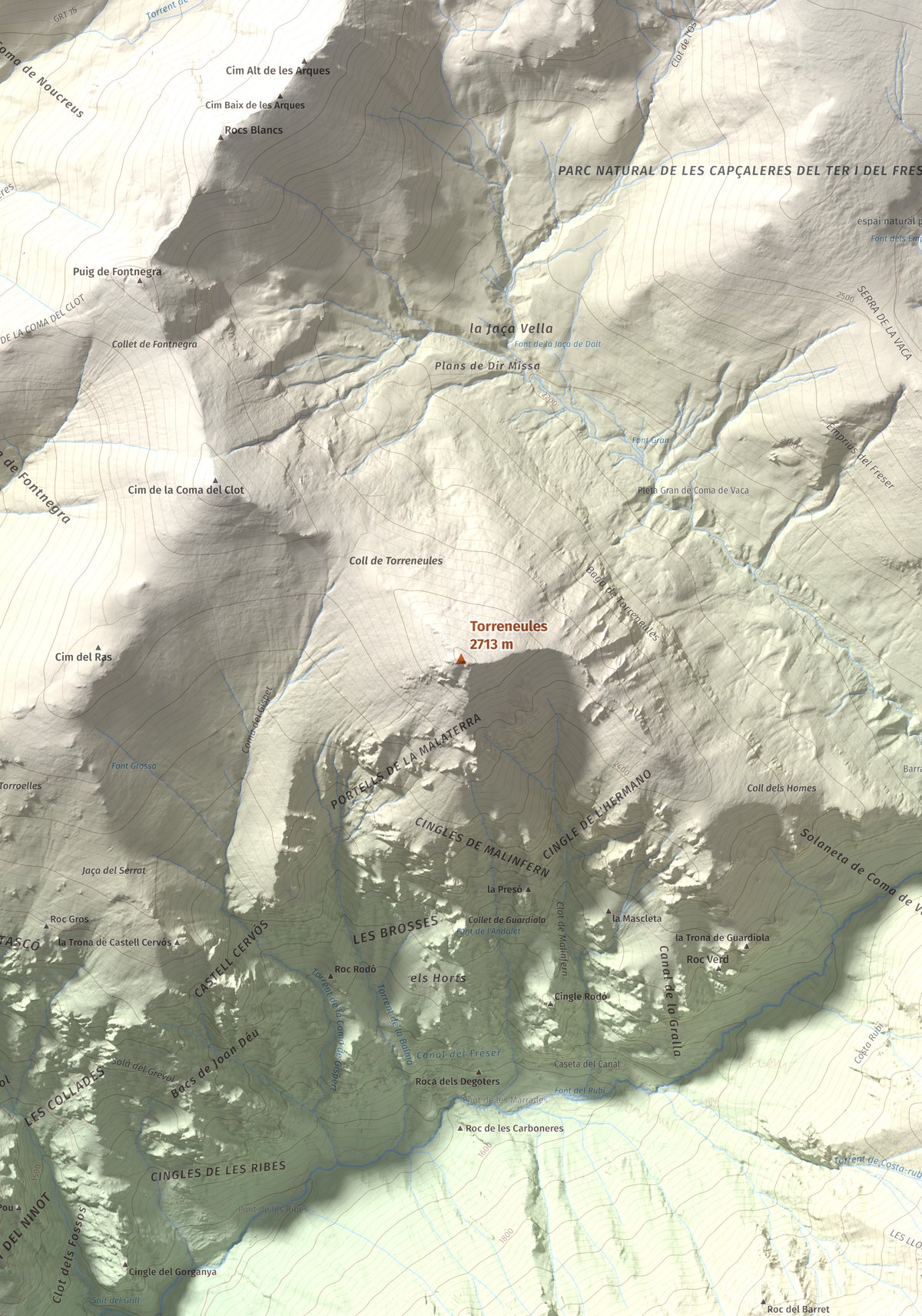 Mapa de relieve de Torreneules, 2713 m, Ripollès, lámina 100 Cims de Trobart. Detalle de la zona central. 70 × 100 cm.