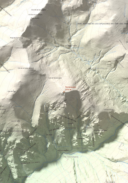 Mapa de relieve de Torreneules, 2713 m, Ripollès, lámina 100 Cims de Trobart. Detalle de la zona central. 70 × 100 cm.