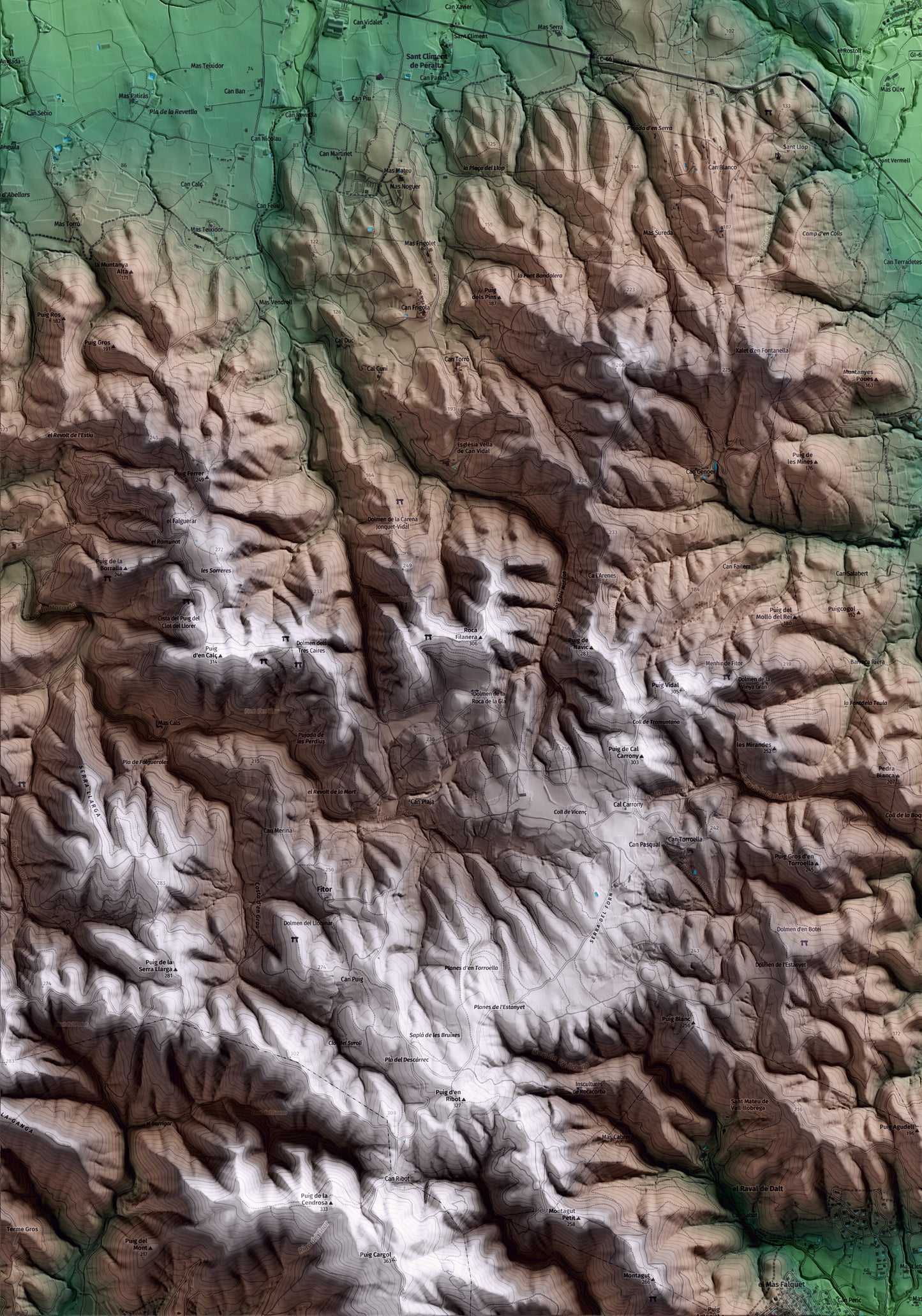 Mapa artístico del relieve de Torrent, al Baix Empordà, con 15 km de entorno y base topográfica ICGC. Detalle de la zona inferior izquierda.