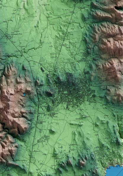 Mapa artístico del relieve de Torrent, al Baix Empordà, con 15 km de entorno y base topográfica ICGC. Detalle de la zona inferior derecha.