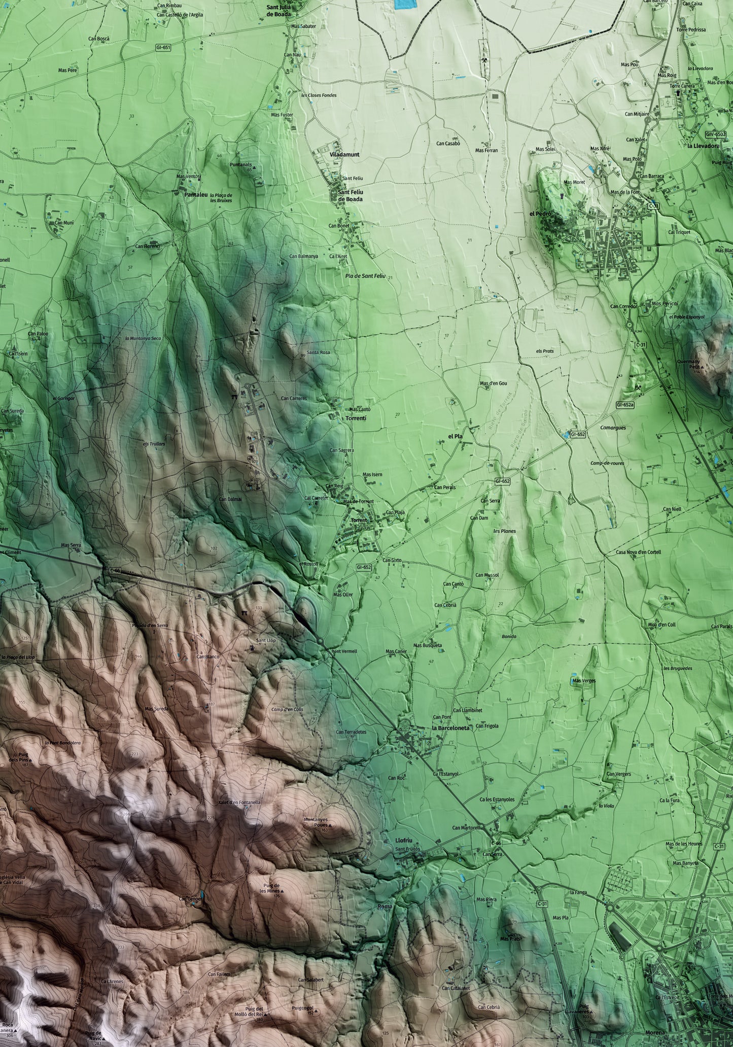 Mapa artístico del relieve de Torrent, al Baix Empordà, con 15 km de entorno y base topográfica ICGC. Detalle de la zona central.