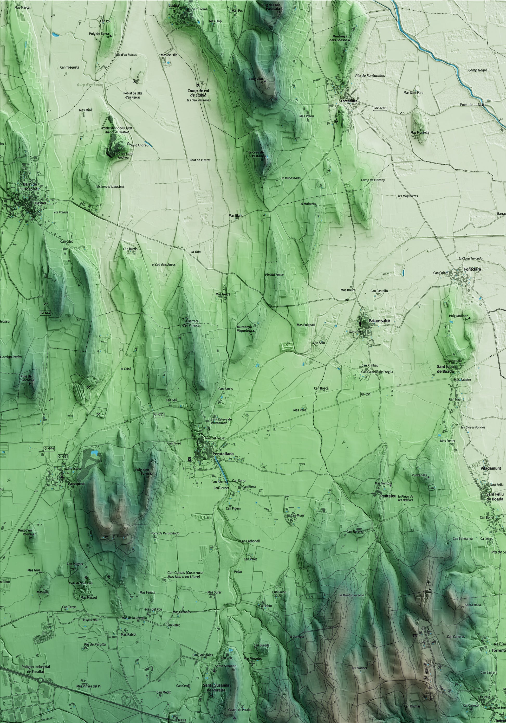 Mapa artístico del relieve de Torrent, al Baix Empordà, con 15 km de entorno y base topográfica ICGC. Detalle de la zona superior izquierda.