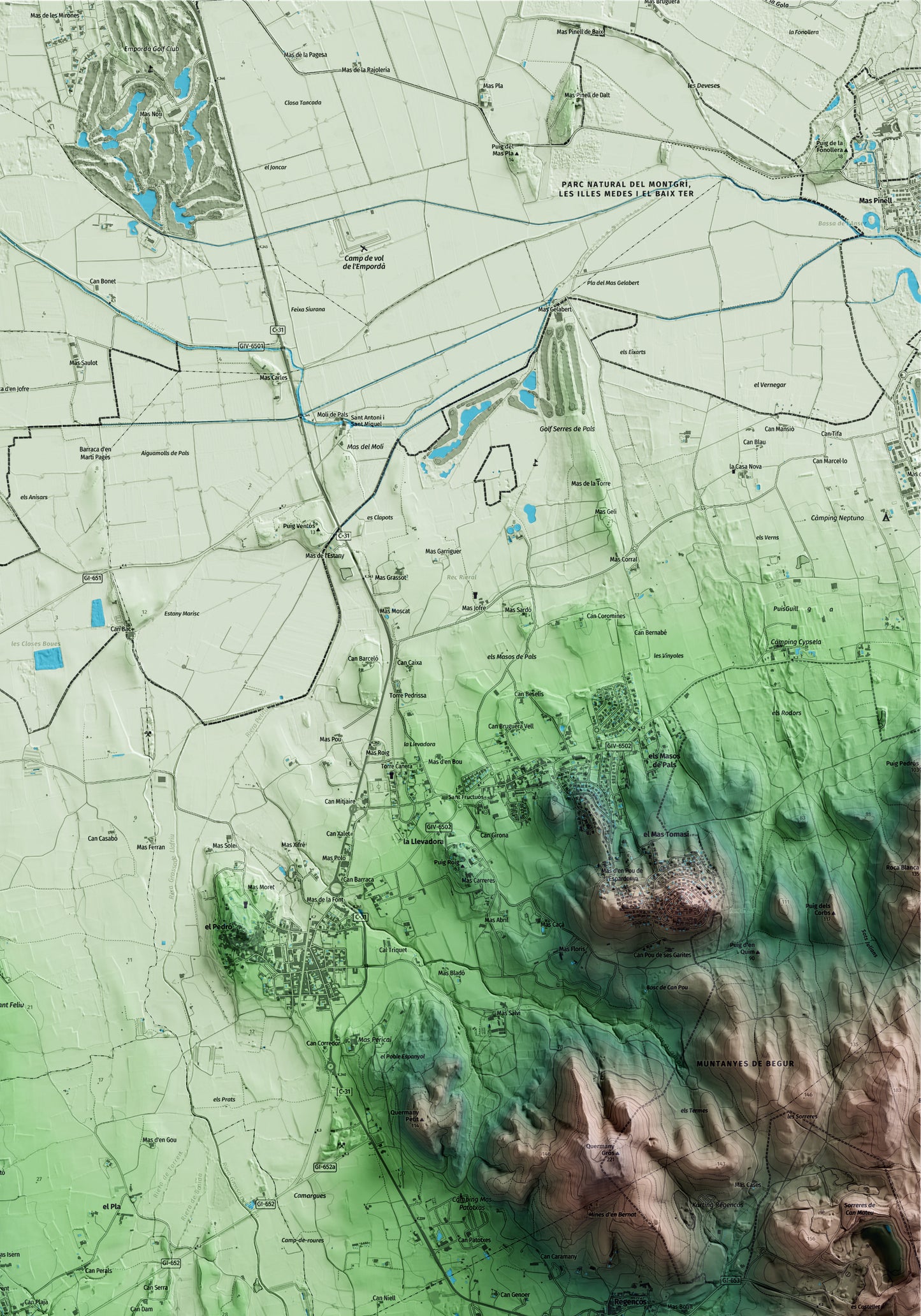 Mapa artístico del relieve de Torrent, al Baix Empordà, con 15 km de entorno y base topográfica ICGC. Detalle de la zona superior derecha.