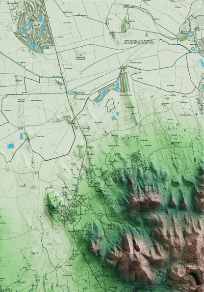 Mapa artístico del relieve de Torrent, al Baix Empordà, con 15 km de entorno y base topográfica ICGC. Detalle de la zona superior derecha.