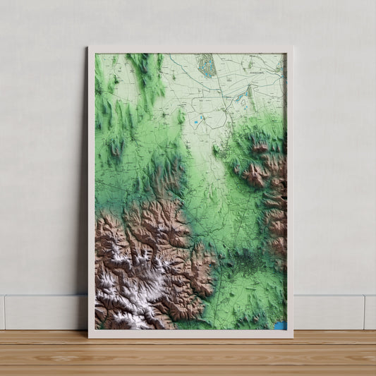 Mapa artístico del relieve de Torrent, al Baix Empordà, con 15 km de entorno y base topográfica ICGC. Presentación enmarcada.