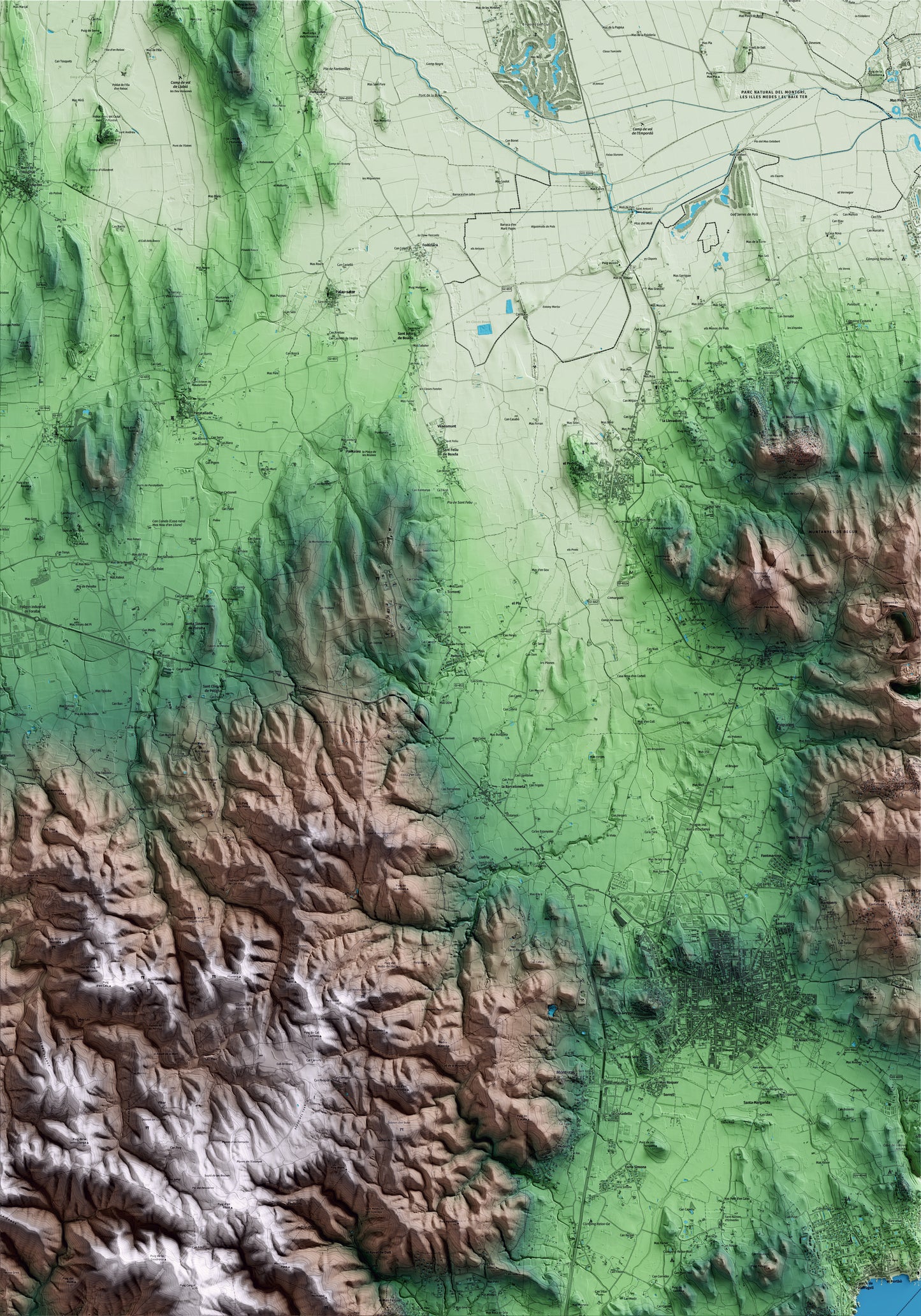 Mapa artístico del relieve de Torrent, al Baix Empordà, con 15 km de entorno y base topográfica ICGC