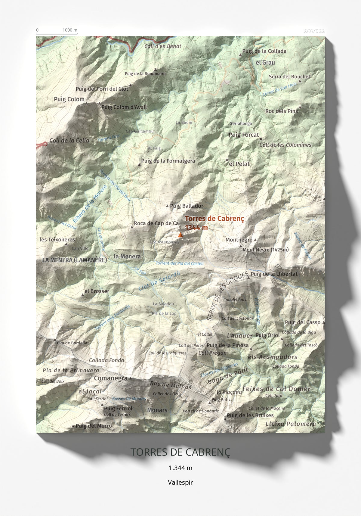 Mapa de relieve de Torres de Cabrenç, 1344 m, Vallespir, lámina 100 Cims de Trobart 21 × 30 cm.