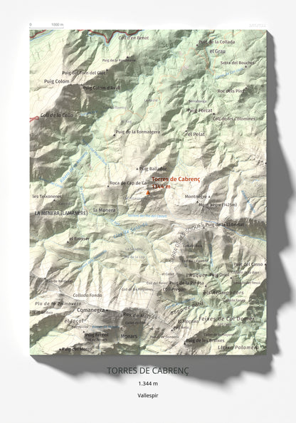 Mapa de relieve de Torres de Cabrenç, 1344 m, Vallespir, lámina 100 Cims de Trobart 21 × 30 cm.