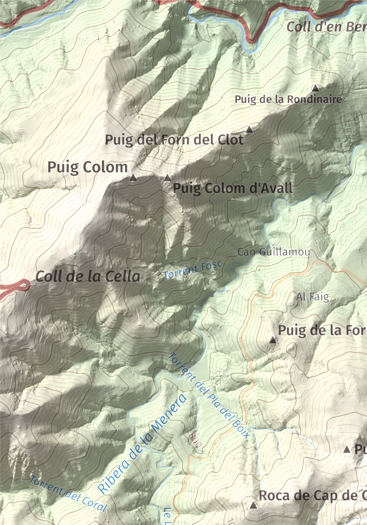Mapa de relieve de Torres de Cabrenç, 1344 m, Vallespir, lámina 100 Cims de Trobart. Detalle de la zona superior izquierda. 21 × 30 cm.