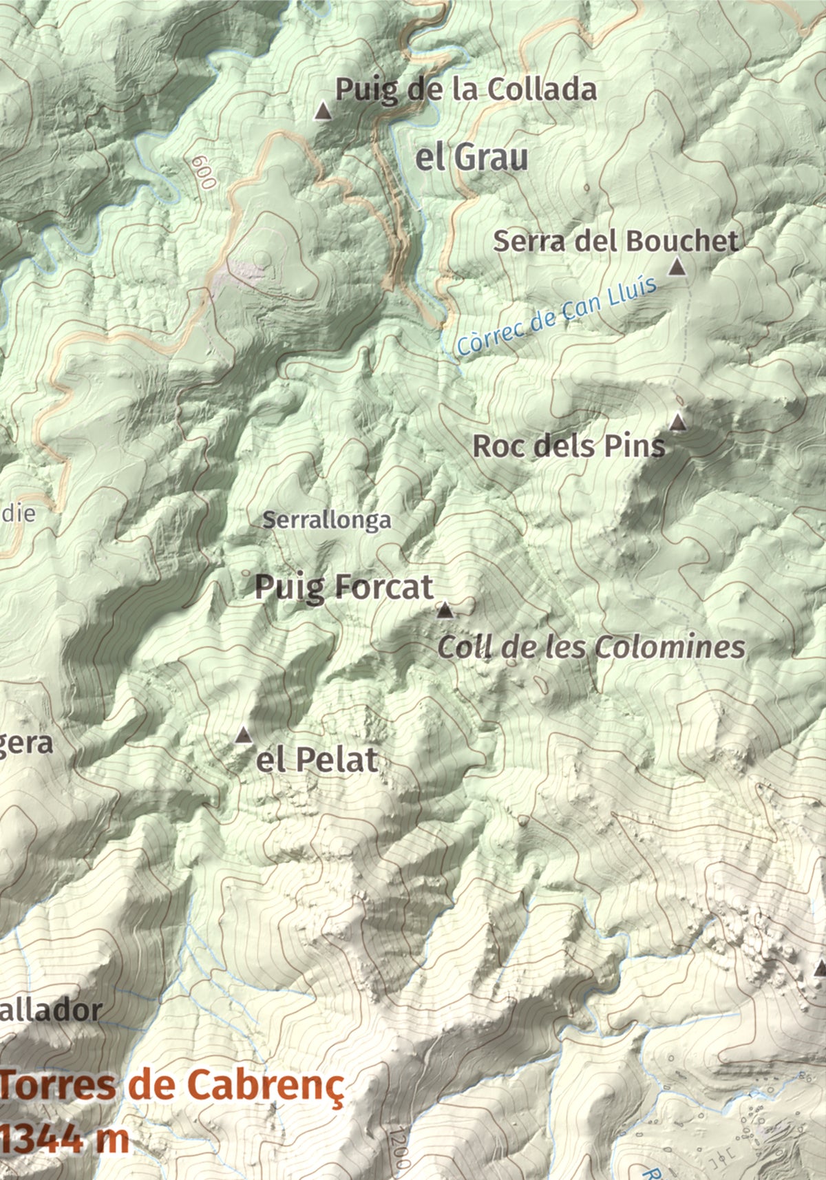 Mapa de relieve de Torres de Cabrenç, 1344 m, Vallespir, lámina 100 Cims de Trobart. Detalle de la zona superior derecha. 21 × 30 cm.