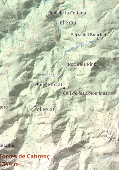 Mapa de relieve de Torres de Cabrenç, 1344 m, Vallespir, lámina 100 Cims de Trobart. Detalle de la zona superior derecha. 21 × 30 cm.