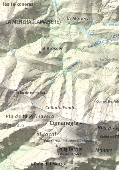 Mapa de relieve de Torres de Cabrenç, 1344 m, Vallespir, lámina 100 Cims de Trobart. Detalle de la zona inferior izquierda. 21 × 30 cm.