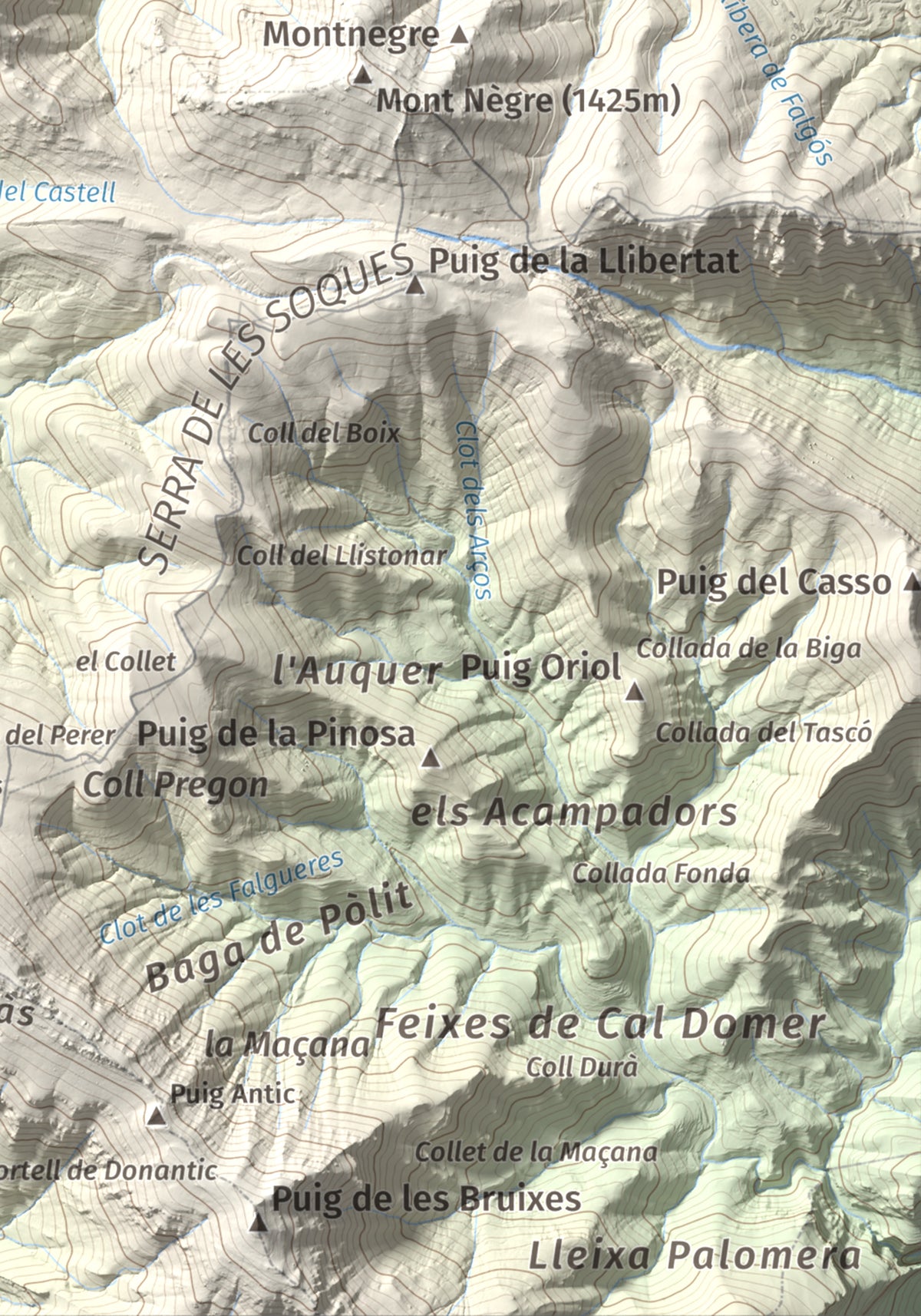 Mapa de relieve de Torres de Cabrenç, 1344 m, Vallespir, lámina 100 Cims de Trobart. Detalle de la zona inferior derecha. 21 × 30 cm.