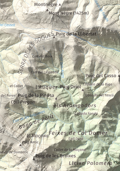 Mapa de relieve de Torres de Cabrenç, 1344 m, Vallespir, lámina 100 Cims de Trobart. Detalle de la zona inferior derecha. 21 × 30 cm.