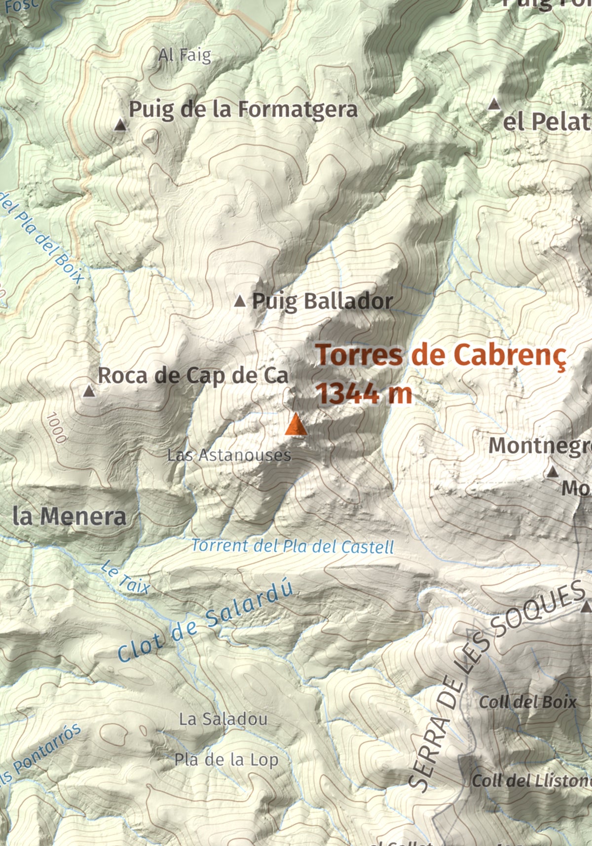 Mapa de relieve de Torres de Cabrenç, 1344 m, Vallespir, lámina 100 Cims de Trobart. Detalle de la zona central. 21 × 30 cm.