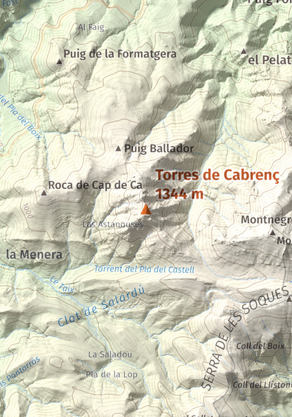 Mapa de relieve de Torres de Cabrenç, 1344 m, Vallespir, lámina 100 Cims de Trobart. Detalle de la zona central. 21 × 30 cm.