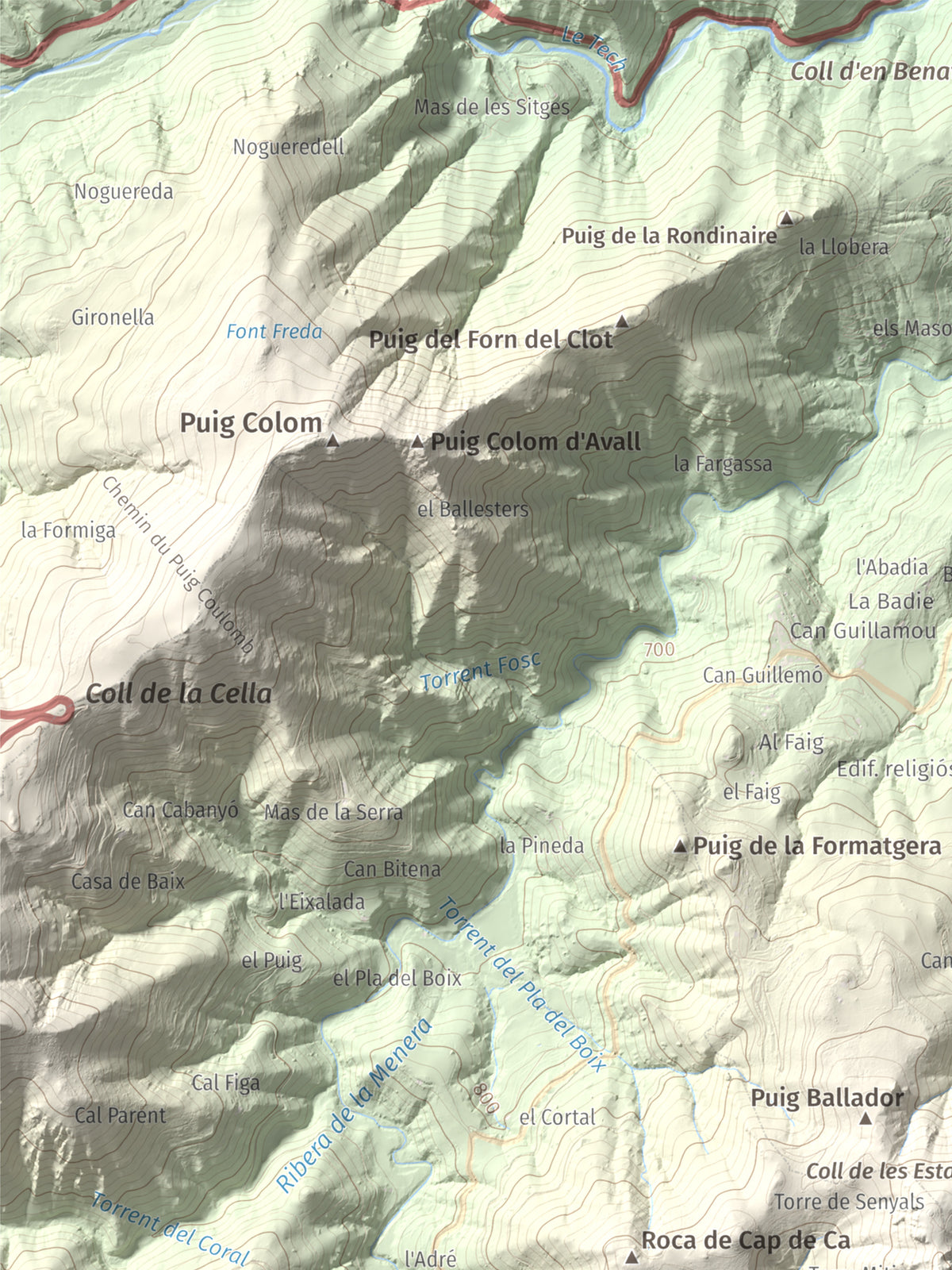 Mapa de relieve de Torres de Cabrenç, 1344 m, Vallespir, lámina 100 Cims de Trobart. Detalle de la zona superior izquierda. 30 × 40 cm.