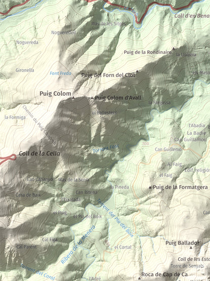 Mapa de relieve de Torres de Cabrenç, 1344 m, Vallespir, lámina 100 Cims de Trobart. Detalle de la zona superior izquierda. 30 × 40 cm.
