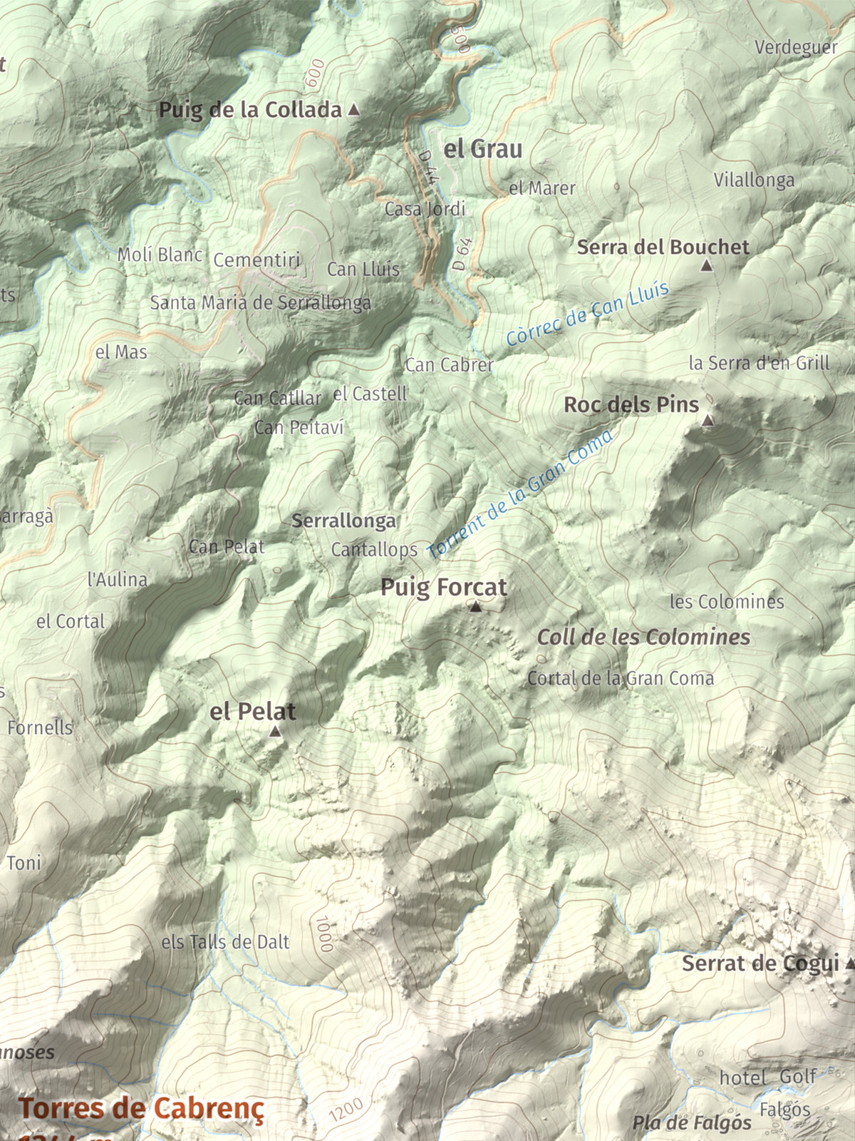 Mapa de relieve de Torres de Cabrenç, 1344 m, Vallespir, lámina 100 Cims de Trobart. Detalle de la zona superior derecha. 30 × 40 cm.