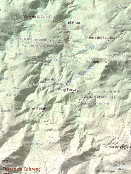 Mapa de relieve de Torres de Cabrenç, 1344 m, Vallespir, lámina 100 Cims de Trobart. Detalle de la zona superior derecha. 30 × 40 cm.