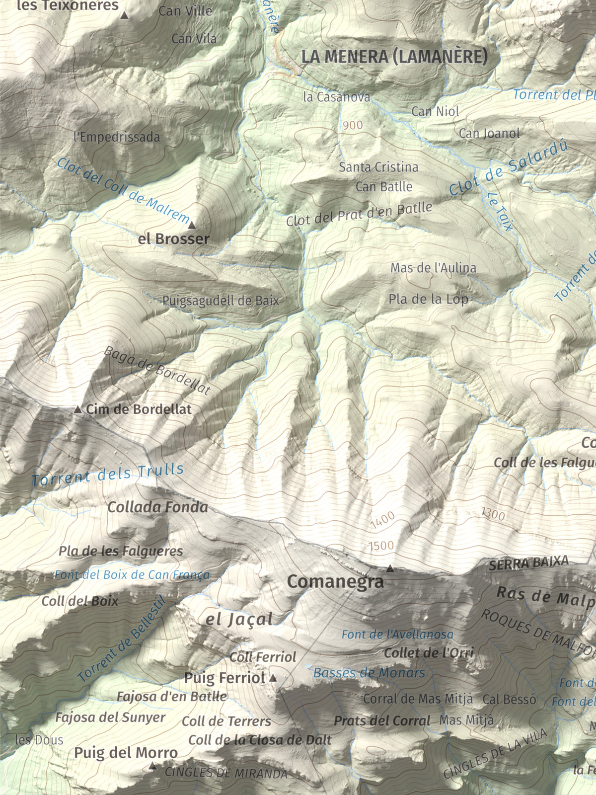 Mapa de relieve de Torres de Cabrenç, 1344 m, Vallespir, lámina 100 Cims de Trobart. Detalle de la zona inferior izquierda. 30 × 40 cm.