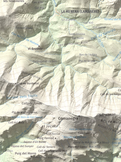 Mapa de relieve de Torres de Cabrenç, 1344 m, Vallespir, lámina 100 Cims de Trobart. Detalle de la zona inferior izquierda. 30 × 40 cm.