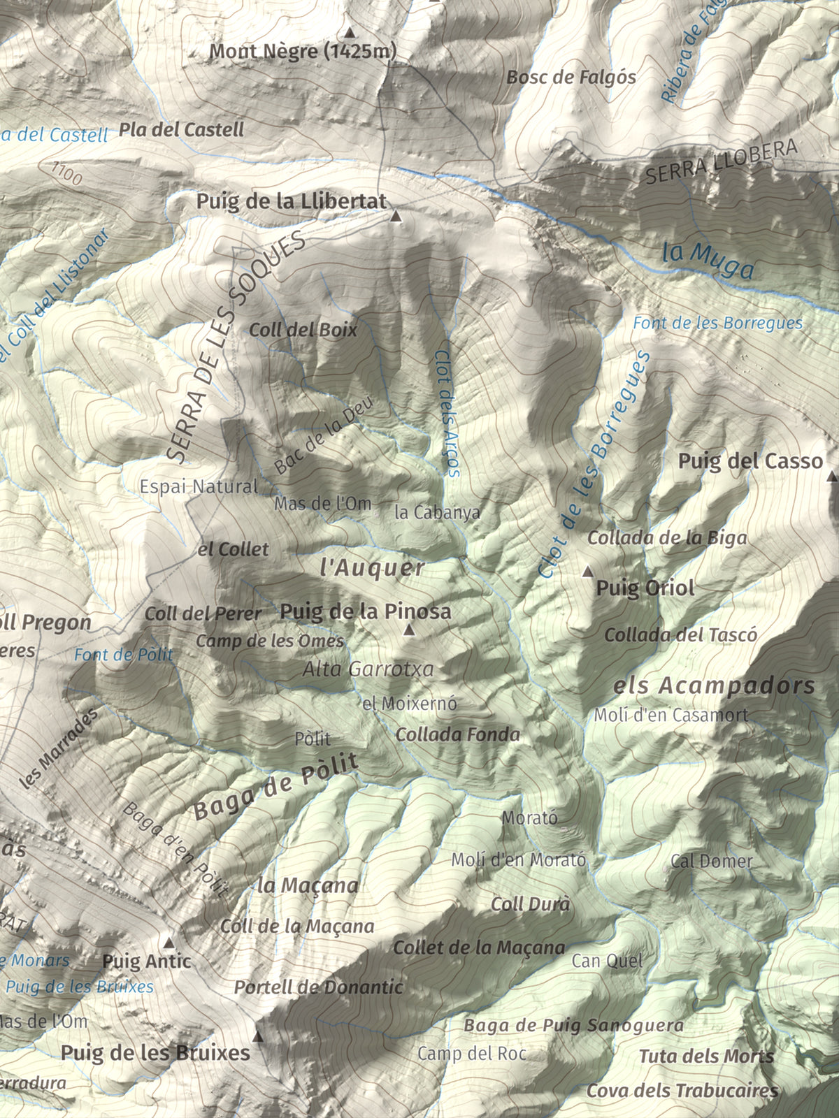 Mapa de relieve de Torres de Cabrenç, 1344 m, Vallespir, lámina 100 Cims de Trobart. Detalle de la zona inferior derecha. 30 × 40 cm.